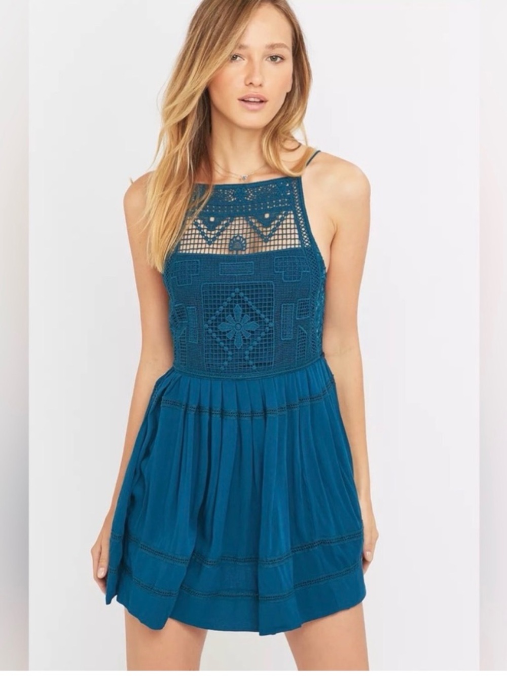 FREE PEOPLE: Emily Crochet Mini Dress Teal Boho